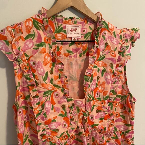 Banjanan Pink Peach Cotton Floral Mini Dress Medium - Picture 13 of 15